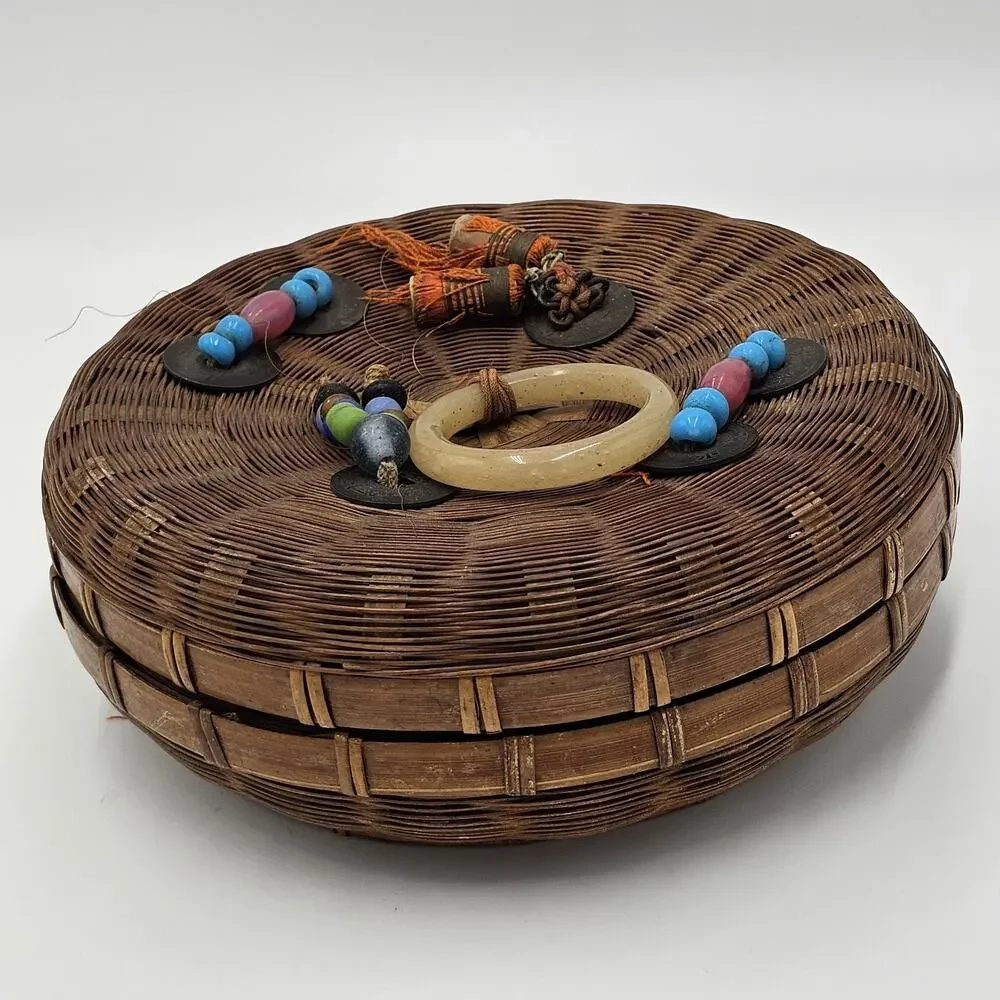 VTG 1950s Chinese Wicker Bamboo Sewing Basket w Colorful Beads Jadeite Tassels